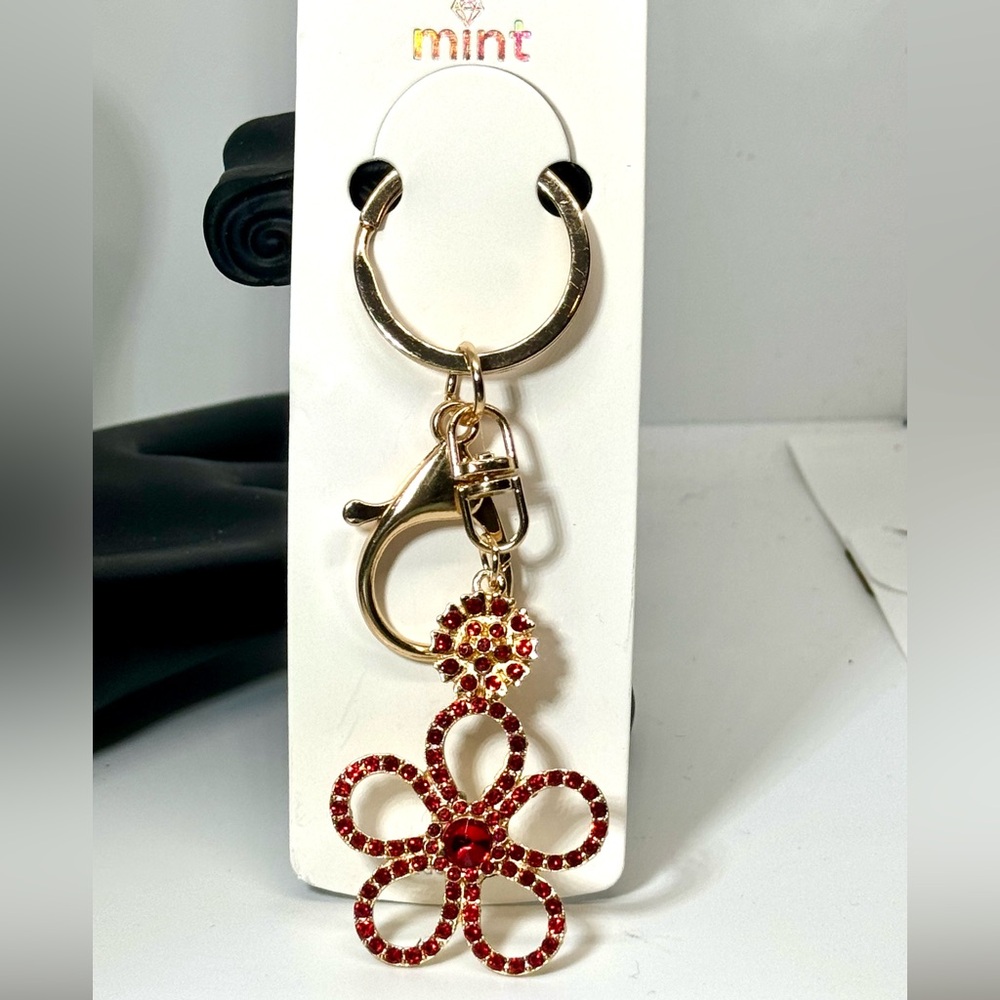 Crystal Flower Keychain Charm - Red & Gold Accent
